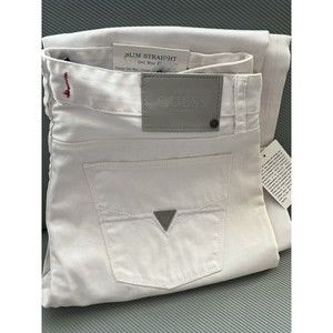 New Guess White Jeans Mens Slim Straight Del Mar Fit Size 33 100% Cotton Flaw*